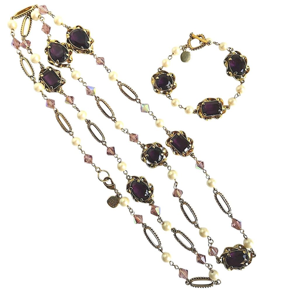 Carolee Lux Purple Crystal Faux Pearl Station Necklace Bracelet Gold Tone Set